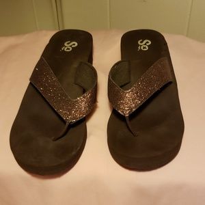 So brown platform flipflops with sparkly band